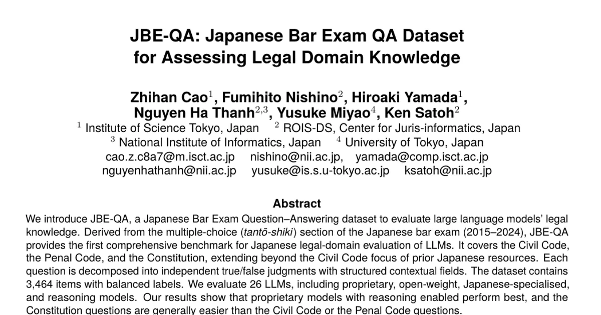 JBE-QA: Japanese Bar Exam QA Dataset for Assessing Legal Domain Knowledge