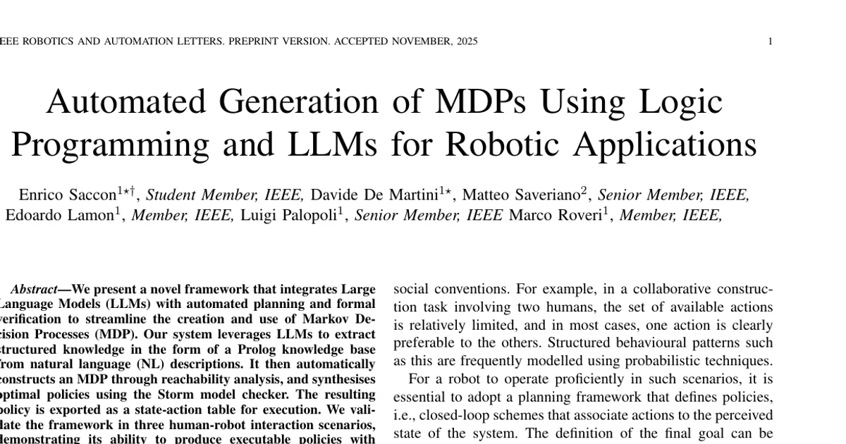 Automated Generation of MDPs Using Logic Programming and LLMs for Robotic Applications