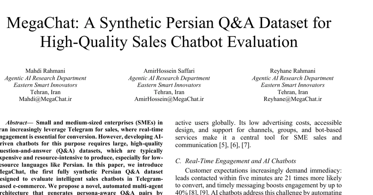 MegaChat: A Synthetic Persian Q&A Dataset for High-Quality Sales Chatbot Evaluation