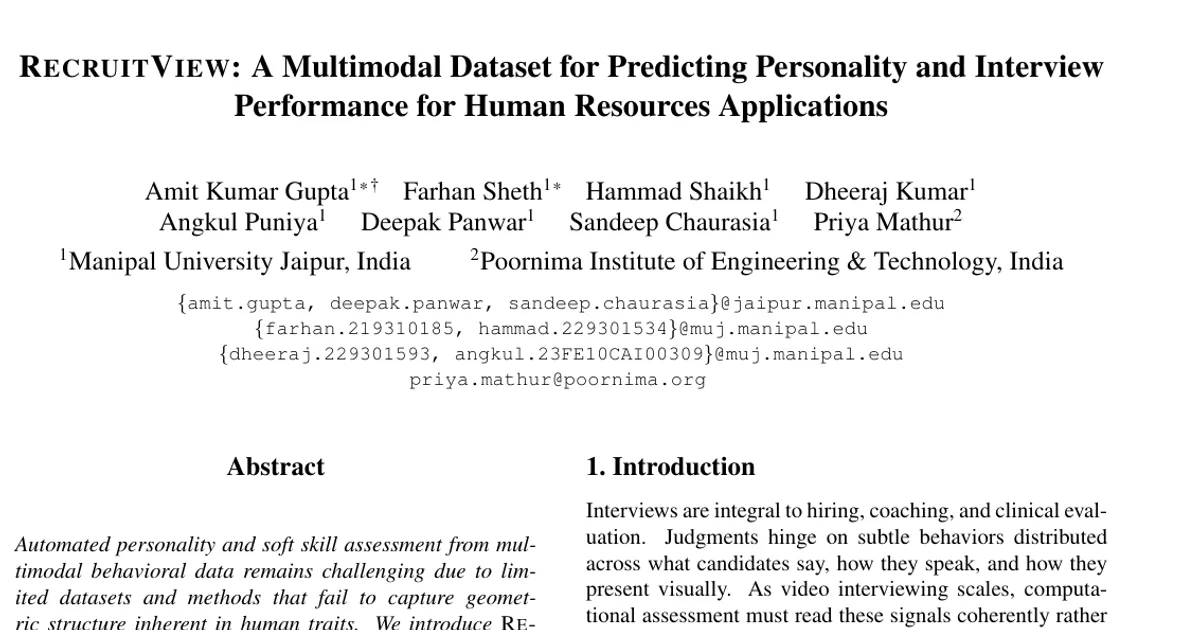 RecruitView: A Multimodal Dataset for Predicting Personality and Interview Performance for Human Resources Applications
