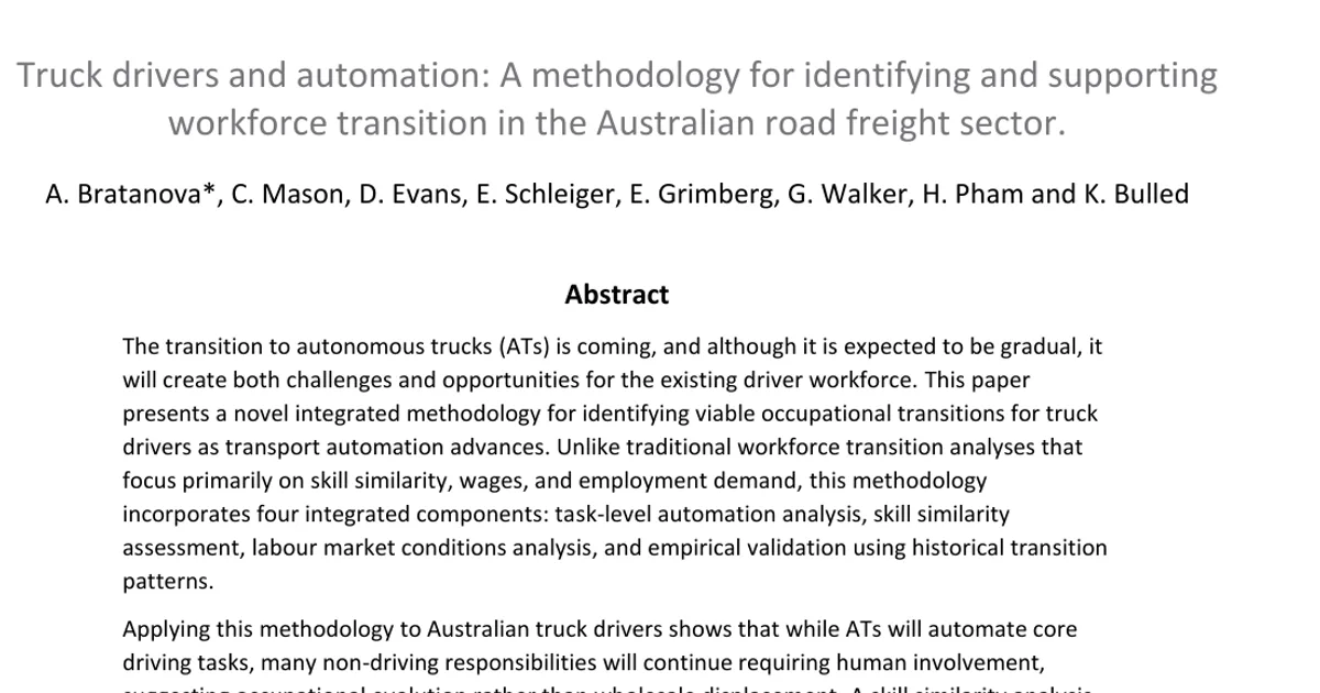 Truck drivers and automation: A methodology for identifying and supporting workforce transition in the Australian road freight sector