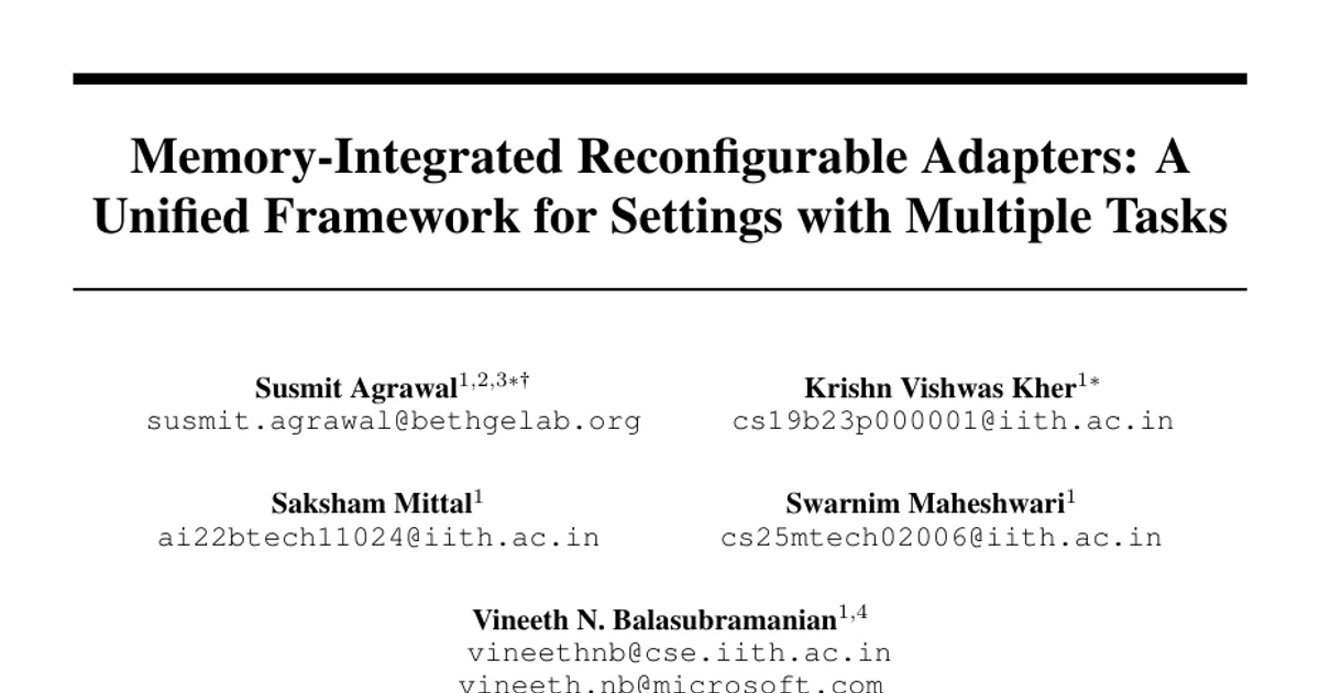 Memory-Integrated Reconfigurable Adapters: A Unified Framework for Settings with Multiple Tasks