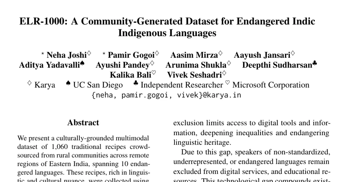ELR-1000: A Community-Generated Dataset for Endangered Indic Indigenous Languages