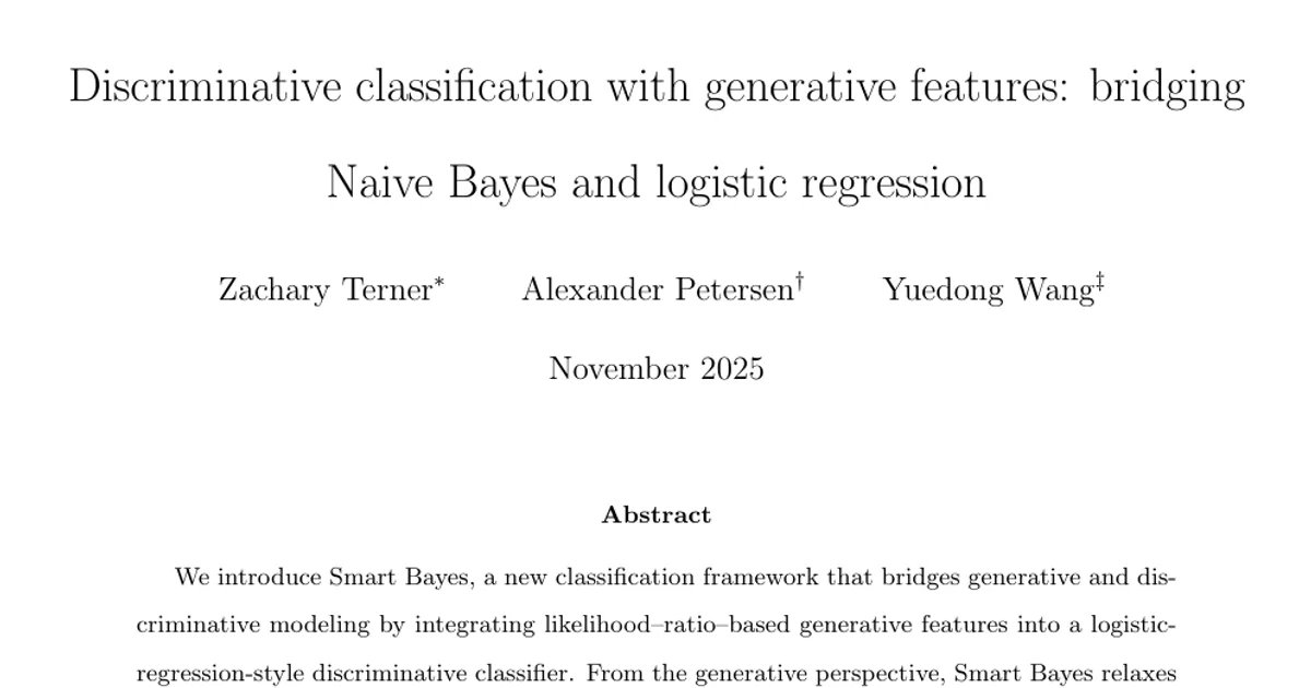 Discriminative classification with generative features: bridging Naive Bayes and logistic regression