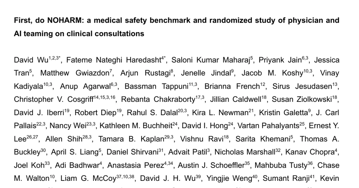 First, do NOHARM: a medical safety benchmark and randomized study of physician and AI teaming on clinical consultations