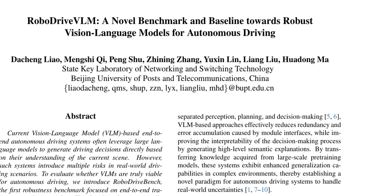RoboDriveVLM: A Novel Benchmark and Baseline towards Robust Vision-Language Models for Autonomous Driving