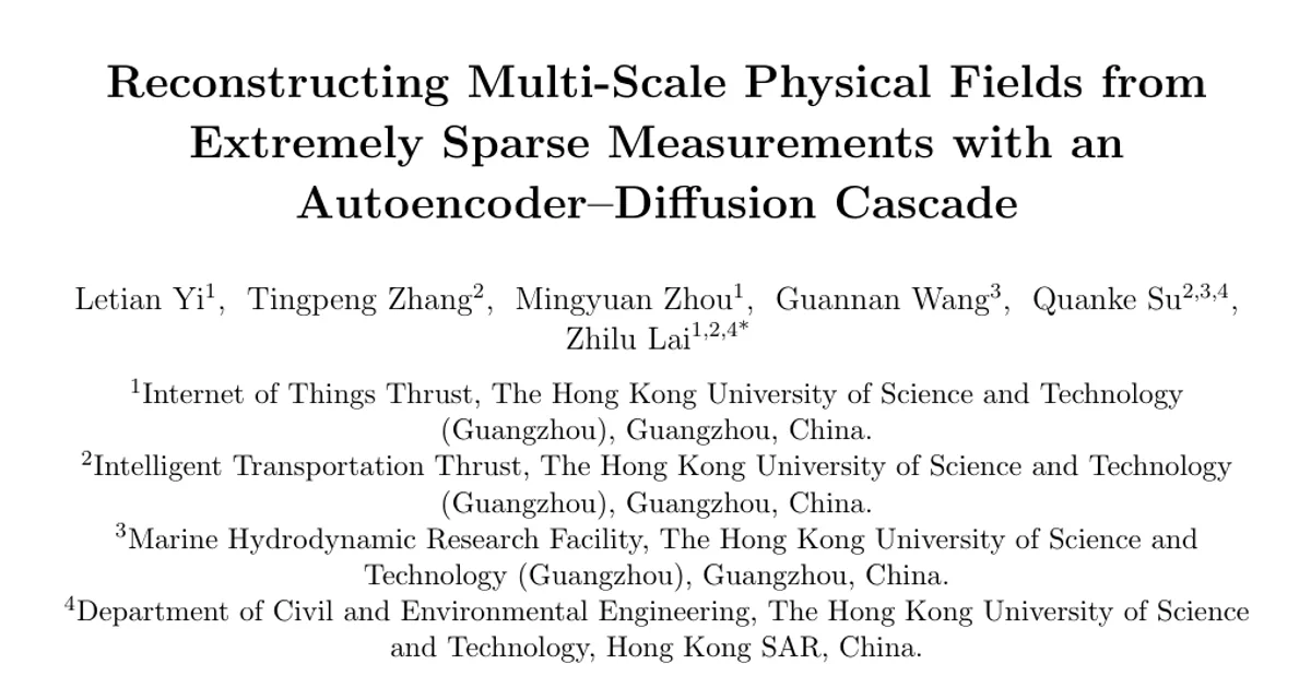 Reconstructing Multi-Scale Physical Fields from Extremely Sparse Measurements with an Autoencoder-Diffusion Cascade