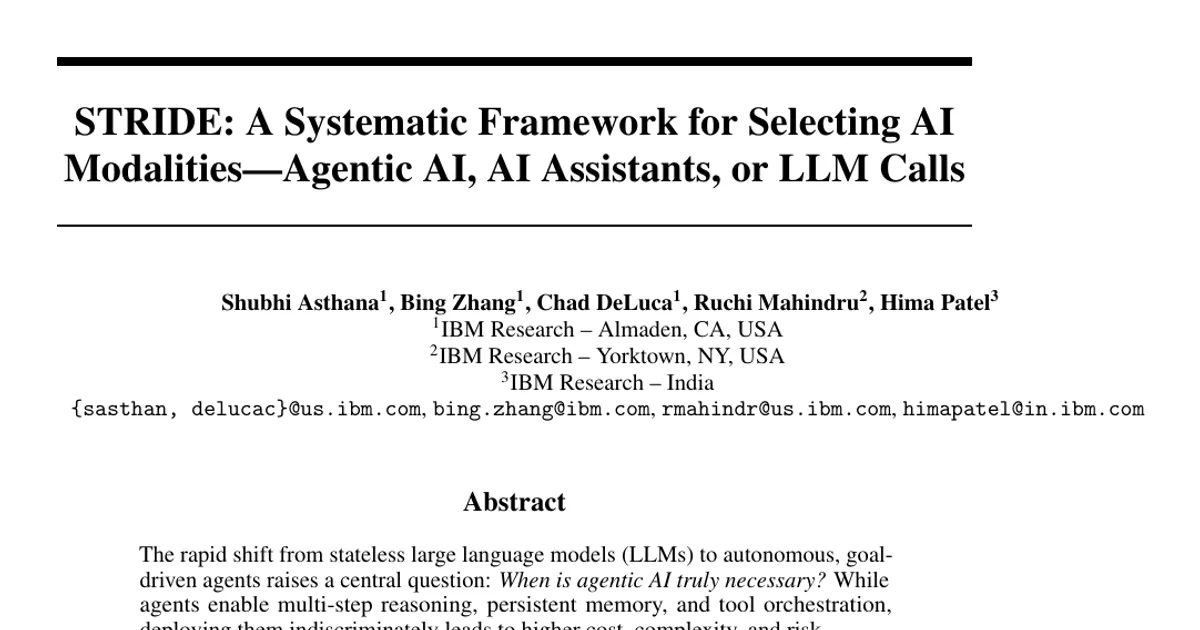 STRIDE: A Systematic Framework for Selecting AI Modalities -- Agentic AI, AI Assistants, or LLM Calls