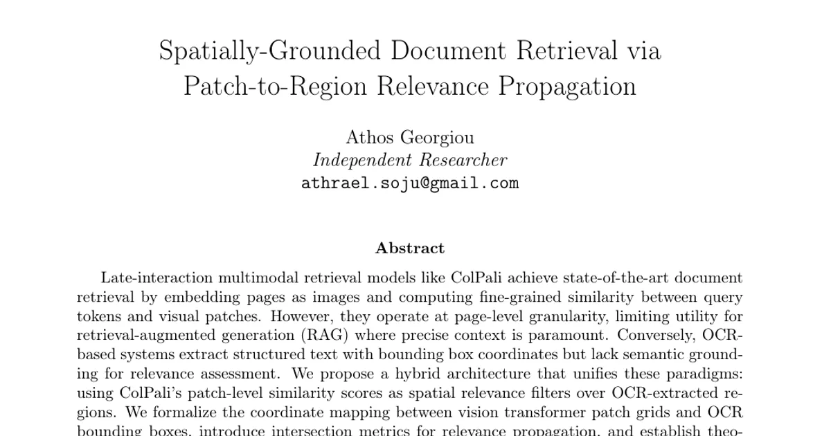 Spatially-Grounded Document Retrieval via Patch-to-Region Relevance Propagation