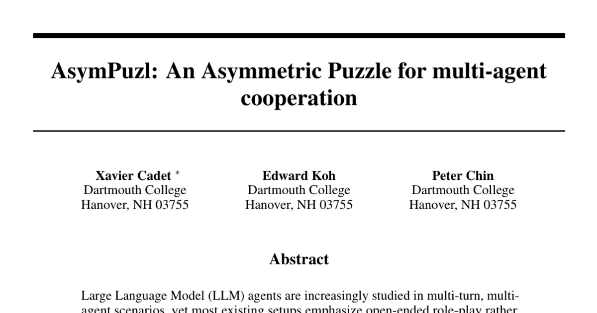 AsymPuzl: An Asymmetric Puzzle for multi-agent cooperation