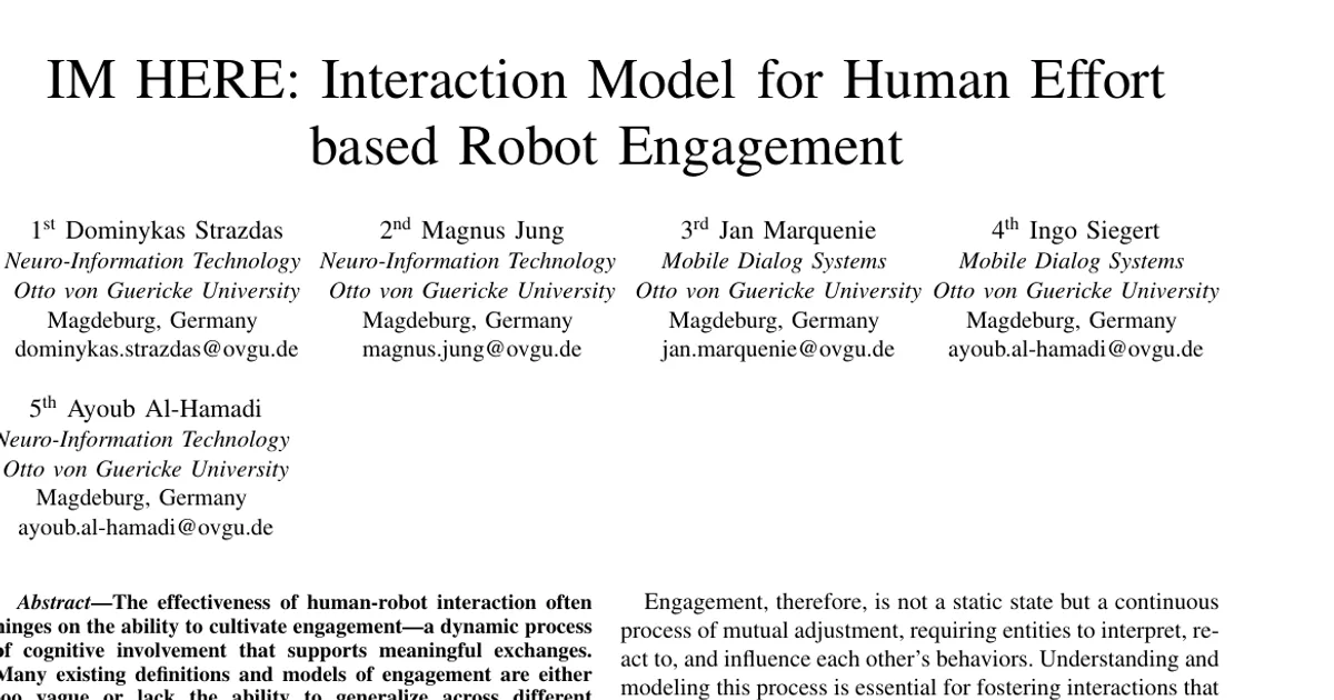 IM HERE: Interaction Model for Human Effort Based Robot Engagement