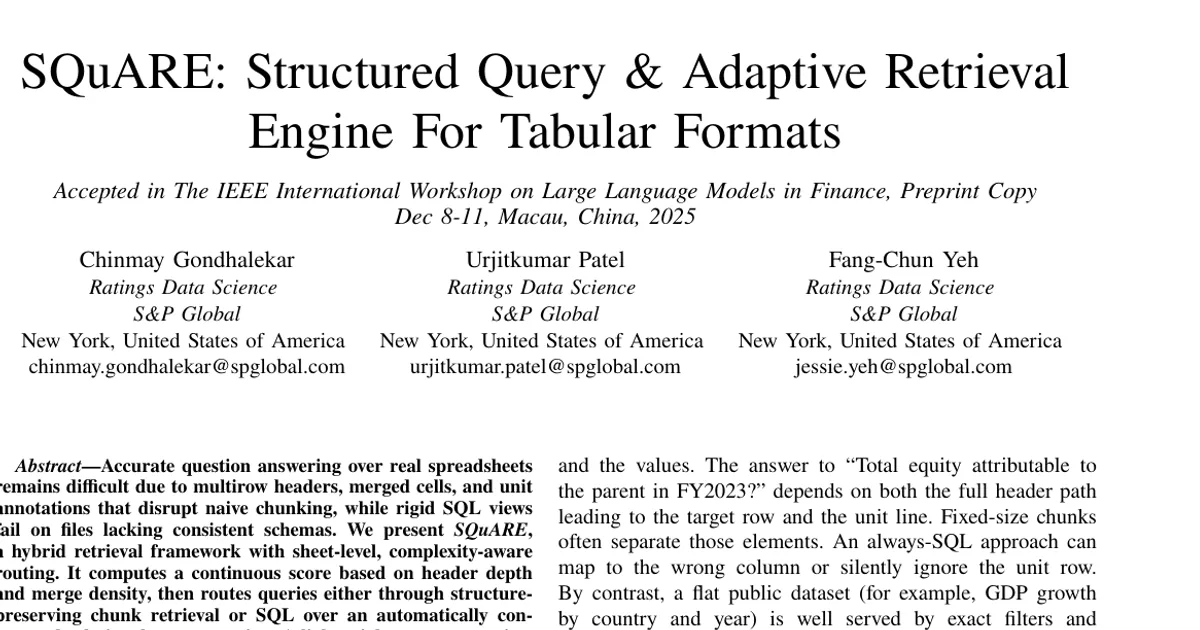 SQuARE: Structured Query & Adaptive Retrieval Engine For Tabular Formats