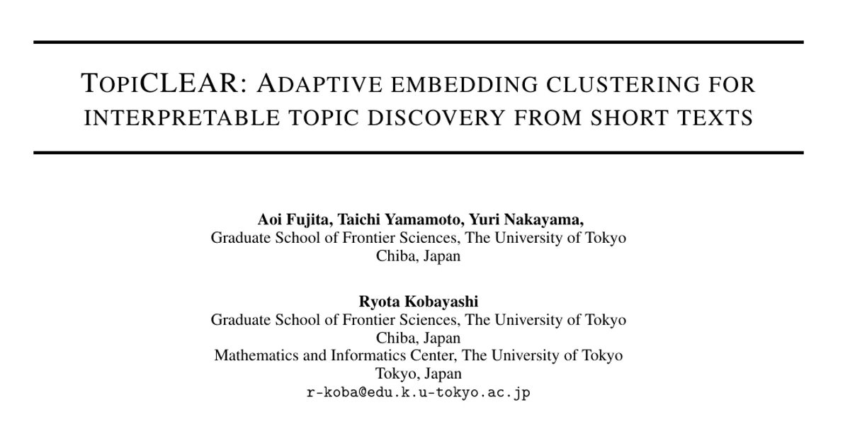 TopiCLEAR: Adaptive embedding clustering for interpretable topic discovery from short texts