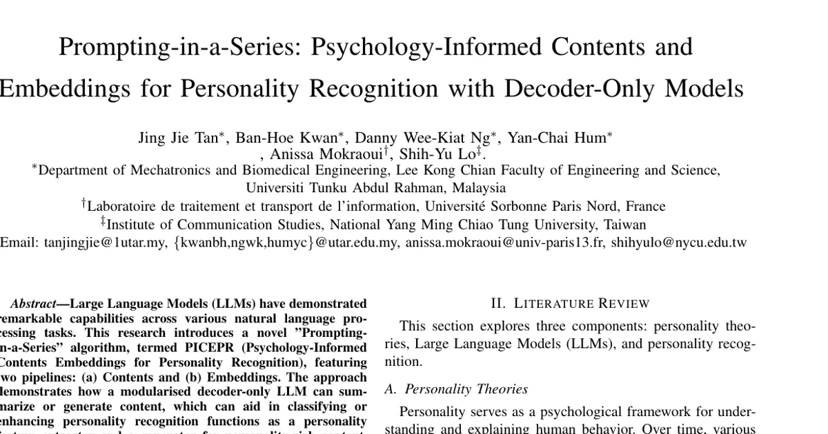 Prompting-in-a-Series: Psychology-Informed Contents and Embeddings for Personality Recognition With Decoder-Only Models