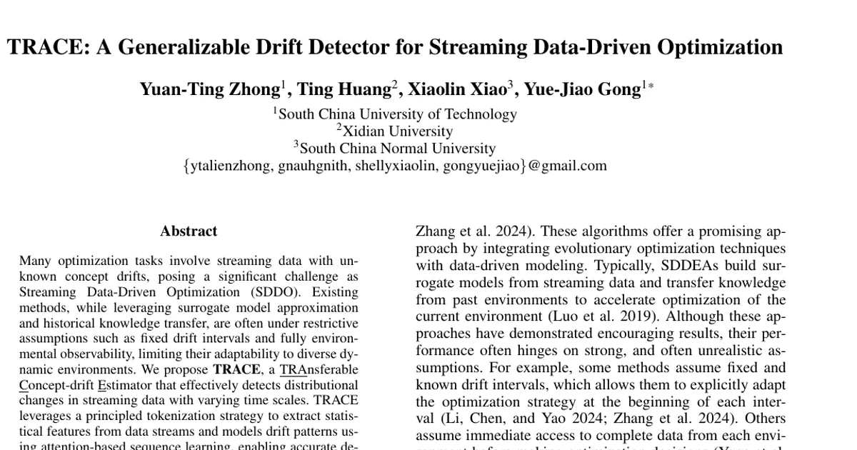 TRACE: A Generalizable Drift Detector for Streaming Data-Driven Optimization