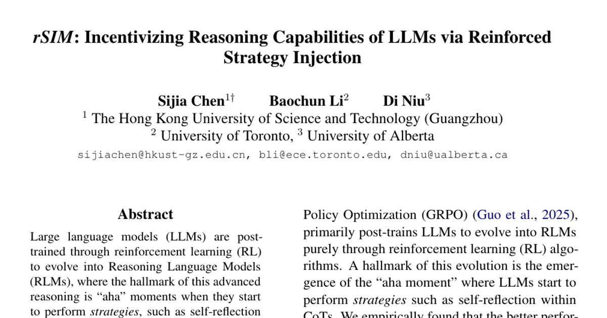 rSIM: Incentivizing Reasoning Capabilities of LLMs via Reinforced Strategy Injection