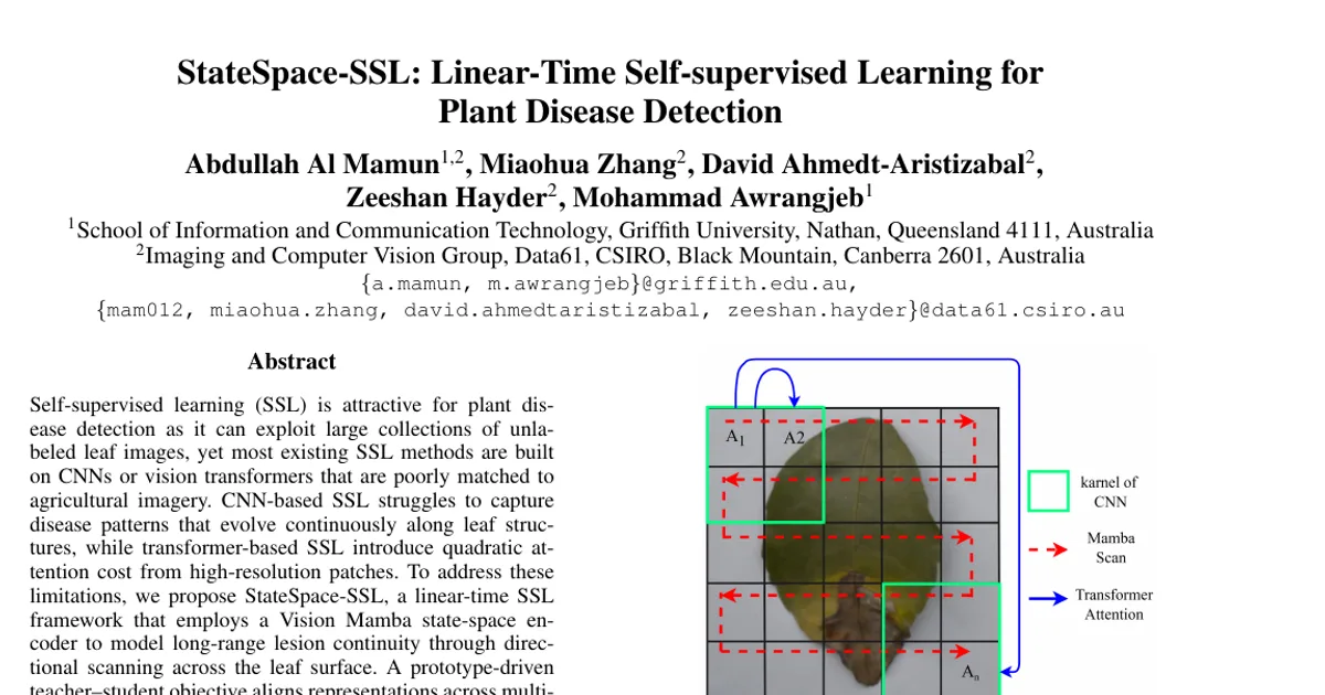 StateSpace-SSL: Linear-Time Self-supervised Learning for Plant Disease Detection