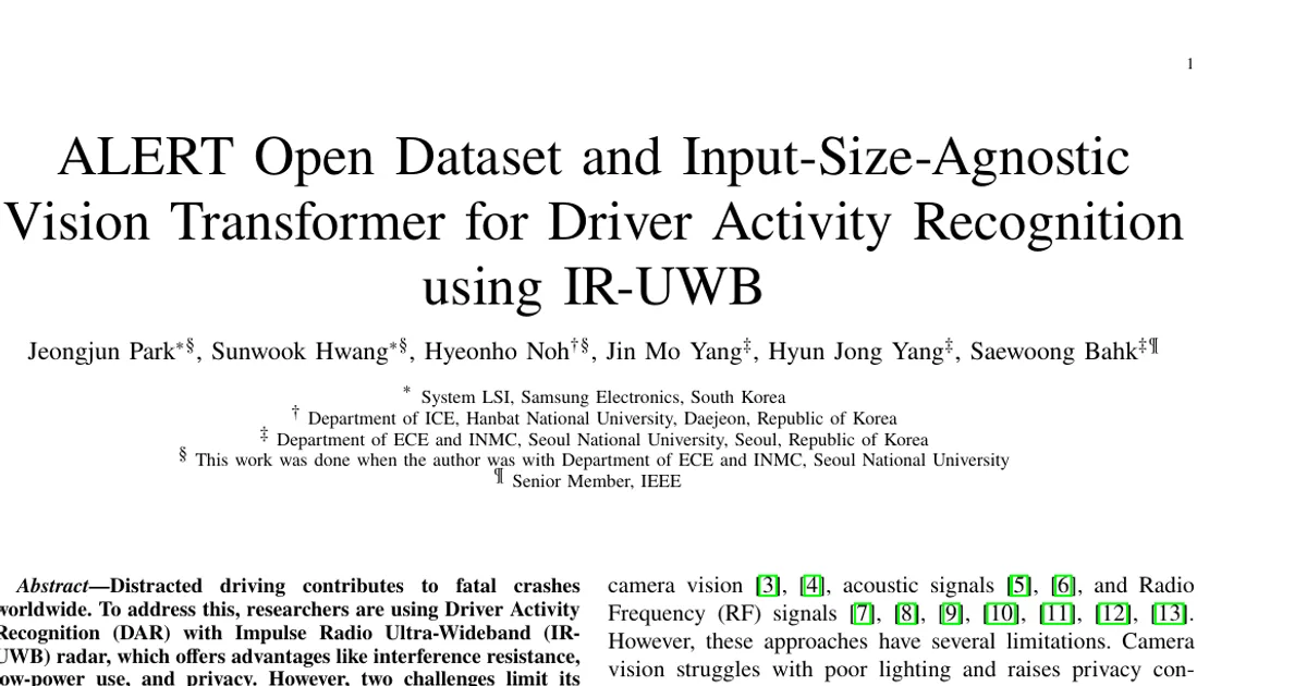 ALERT Open Dataset and Input-Size-Agnostic Vision Transformer for Driver Activity Recognition using IR-UWB