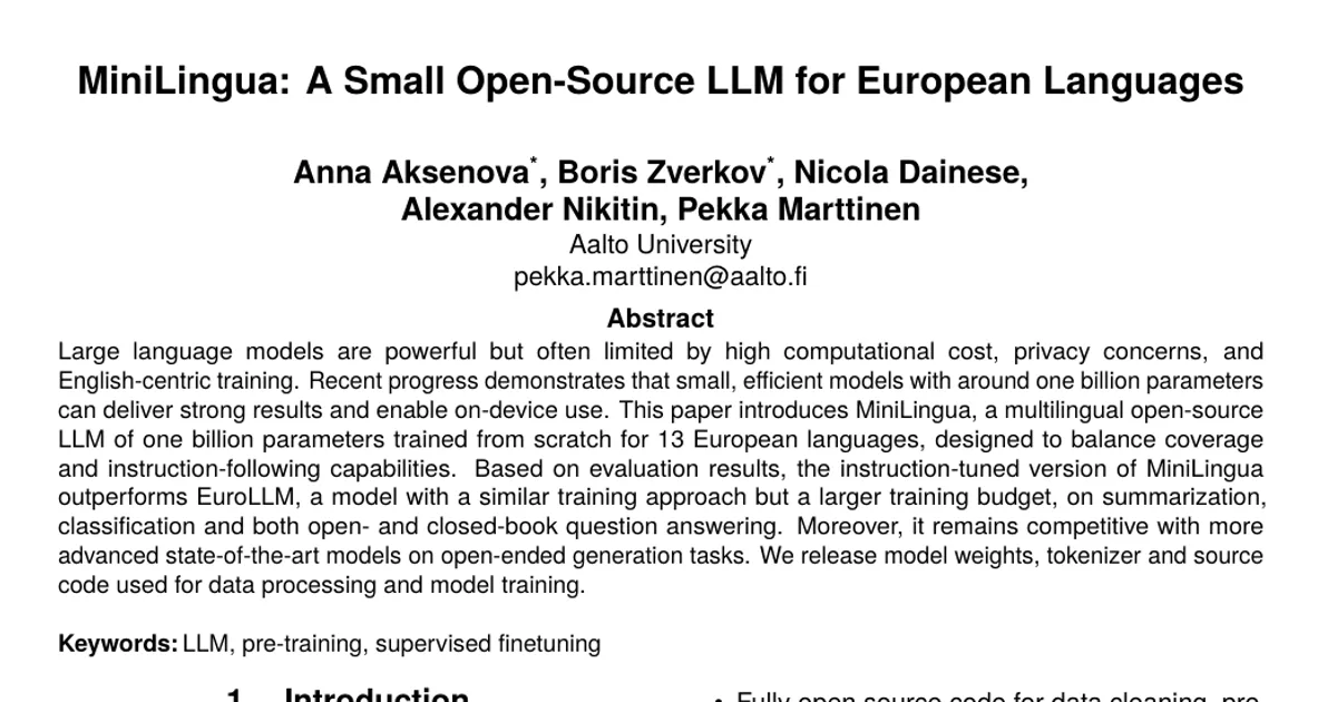 MiniLingua: A Small Open-Source LLM for European Languages