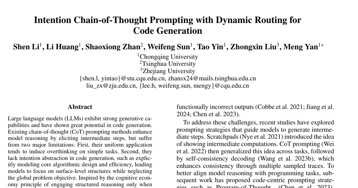 Intention Chain-of-Thought Prompting with Dynamic Routing for Code Generation