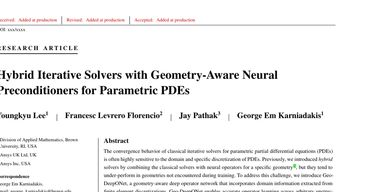 Hybrid Iterative Solvers with Geometry-Aware Neural Preconditioners for Parametric PDEs