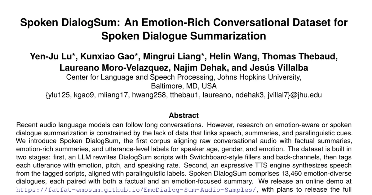 Spoken DialogSum: An Emotion-Rich Conversational Dataset for Spoken Dialogue Summarization