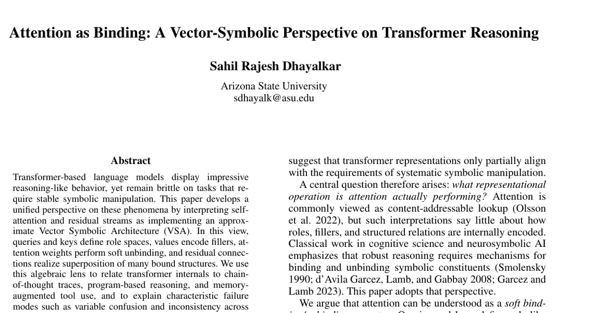 Attention as Binding: A Vector-Symbolic Perspective on Transformer Reasoning