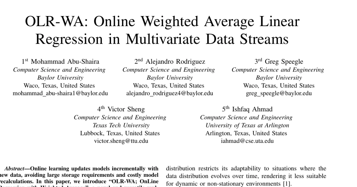 OLR-WA: Online Weighted Average Linear Regression in Multivariate Data Streams