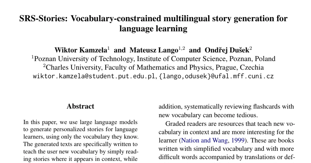 SRS-Stories: Vocabulary-constrained multilingual story generation for language learning