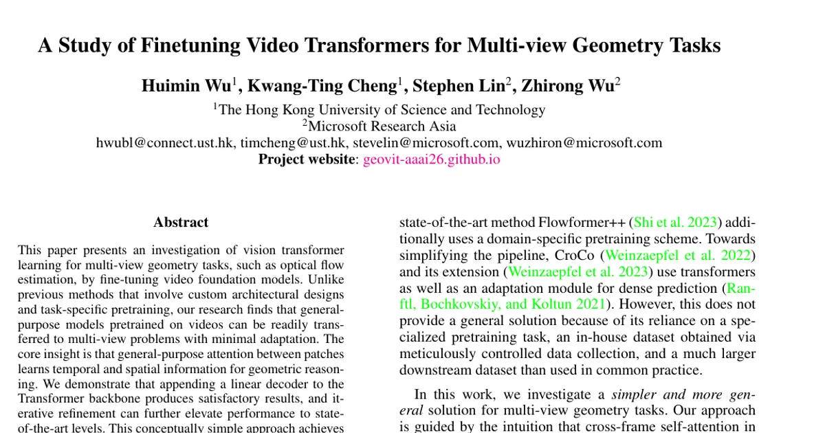 A Study of Finetuning Video Transformers for Multi-view Geometry Tasks
