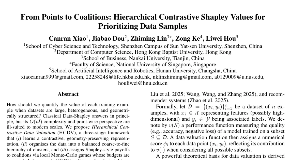 From Points to Coalitions: Hierarchical Contrastive Shapley Values for Prioritizing Data Samples