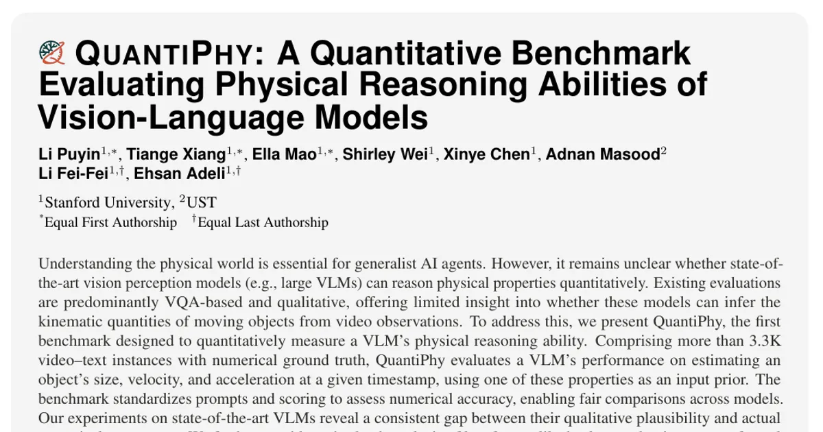 QuantiPhy: A Quantitative Benchmark Evaluating Physical Reasoning Abilities of Vision-Language Models