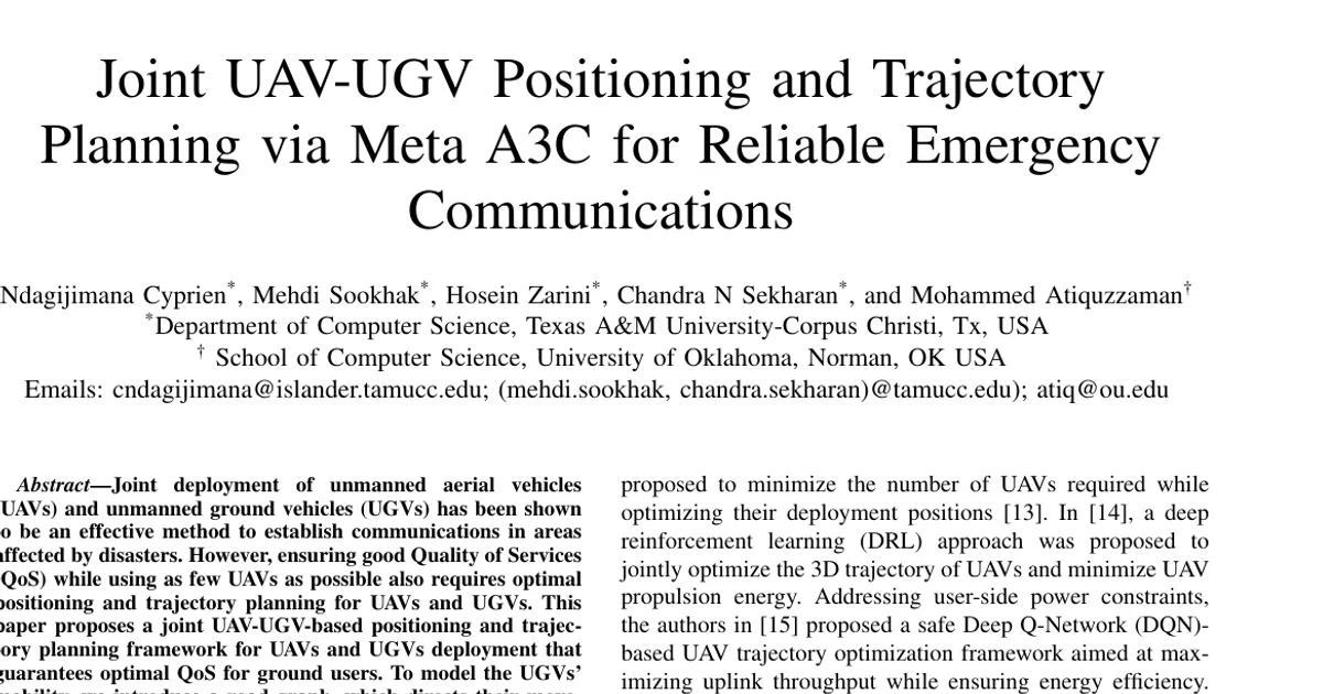 Joint UAV-UGV Positioning and Trajectory Planning via Meta A3C for Reliable Emergency Communications