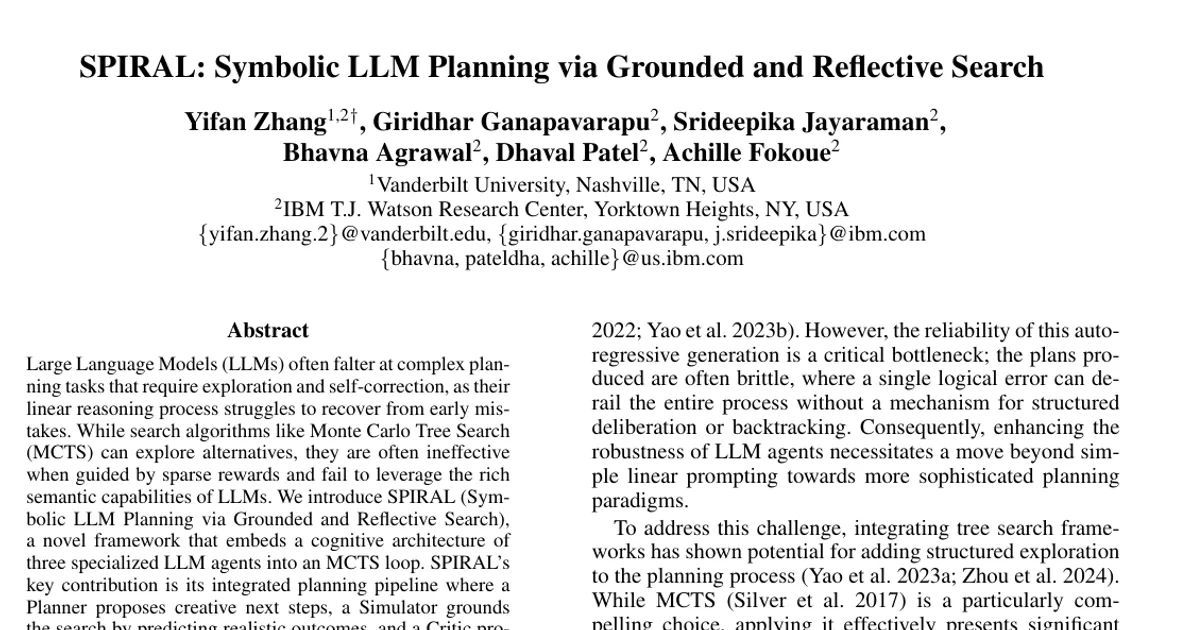 SPIRAL: Symbolic LLM Planning via Grounded and Reflective Search