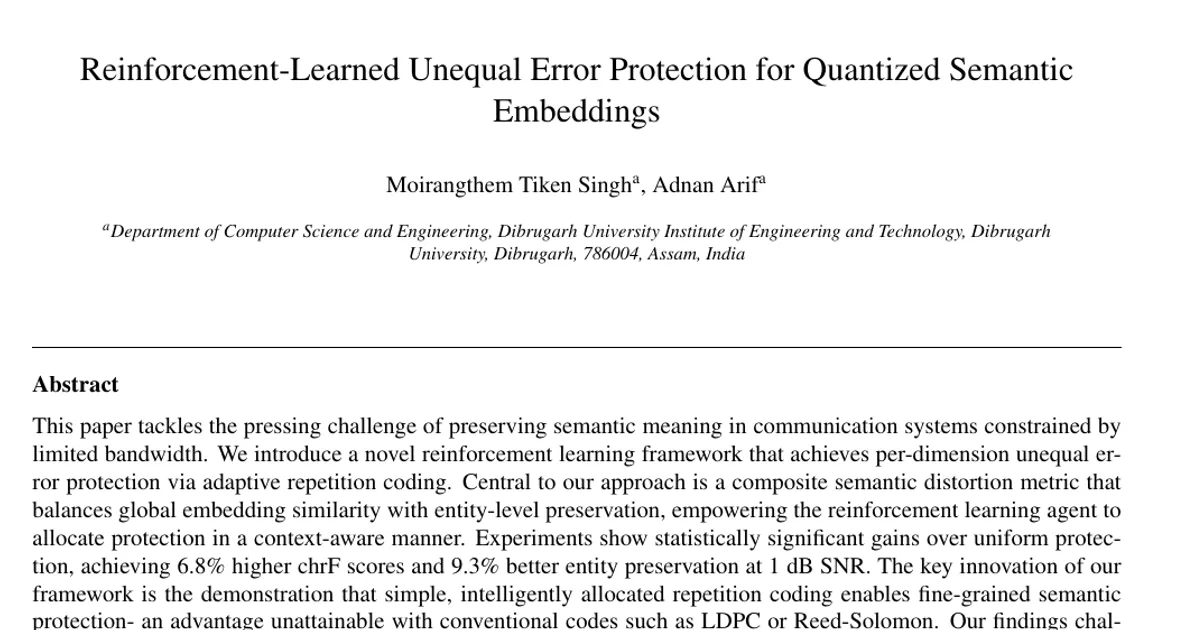 Reinforcement-Learned Unequal Error Protection for Quantized Semantic Embeddings
