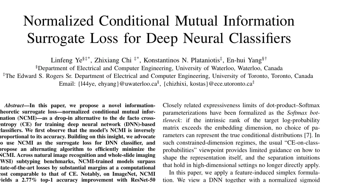 Normalized Conditional Mutual Information Surrogate Loss for Deep Neural Classifiers