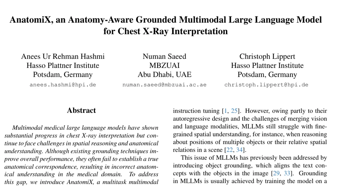 AnatomiX, an Anatomy-Aware Grounded Multimodal Large Language Model for Chest X-Ray Interpretation