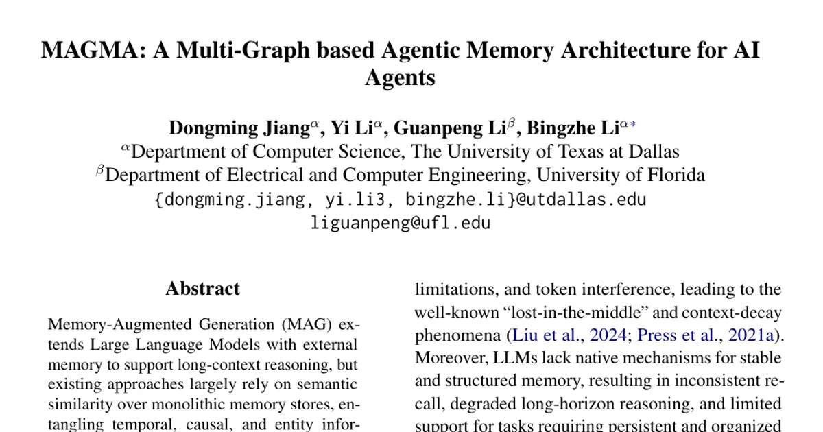 MAGMA: A Multi-Graph based Agentic Memory Architecture for AI Agents