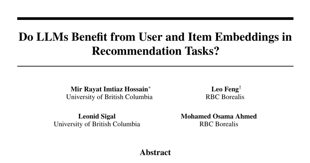 Do LLMs Benefit from User and Item Embeddings in Recommendation Tasks?