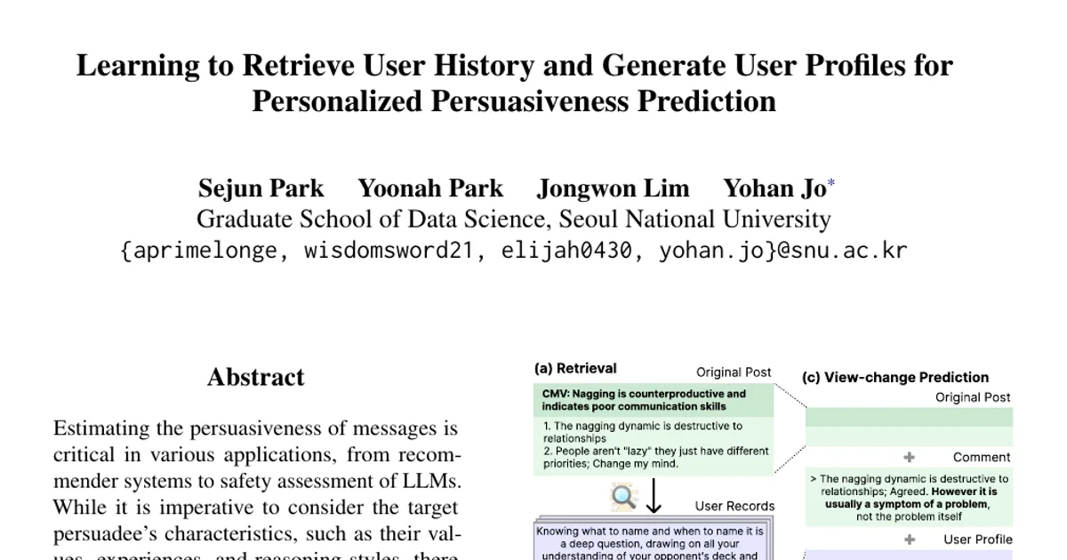 Learning to Retrieve User History and Generate User Profiles for Personalized Persuasiveness Prediction