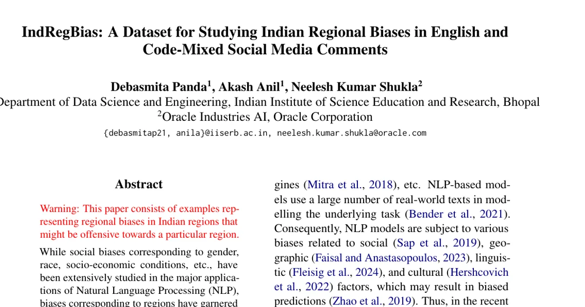 IndRegBias: A Dataset for Studying Indian Regional Biases in English and Code-Mixed Social Media Comments