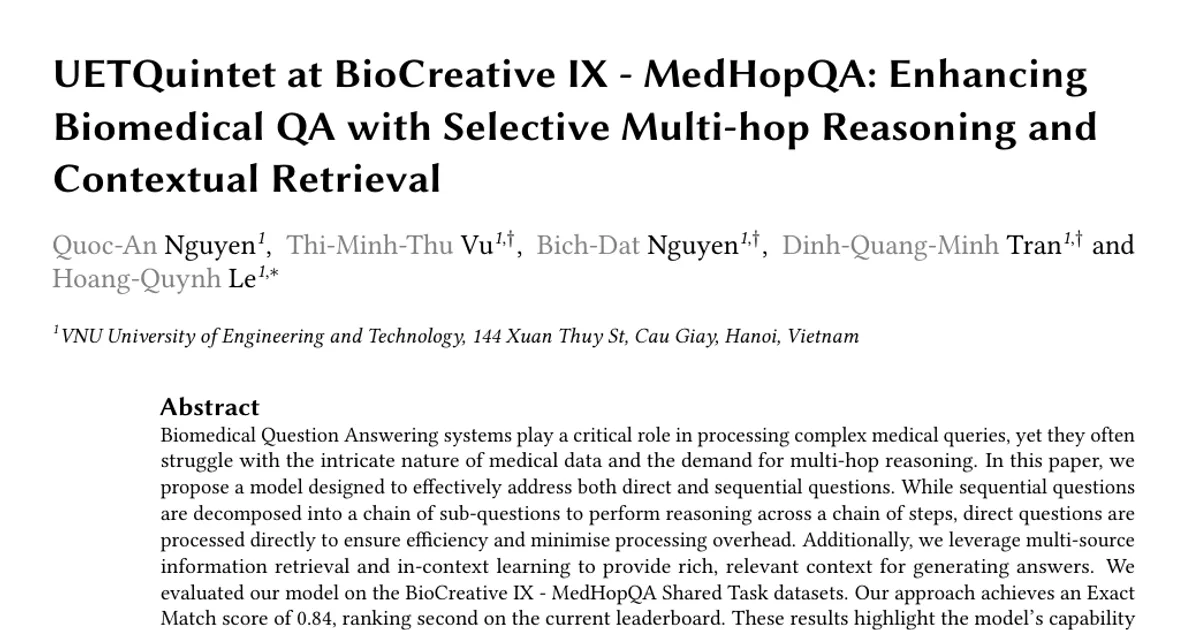 UETQuintet at BioCreative IX -- MedHopQA: Enhancing Biomedical QA with Selective Multi-hop Reasoning and Contextual Retrieval