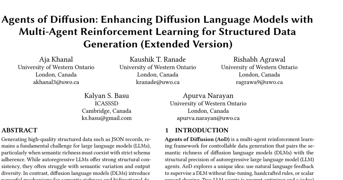 Agents of Diffusion: Enhancing Diffusion Language Models with Multi-Agent Reinforcement Learning for Structured Data Generation (Extended Version)
