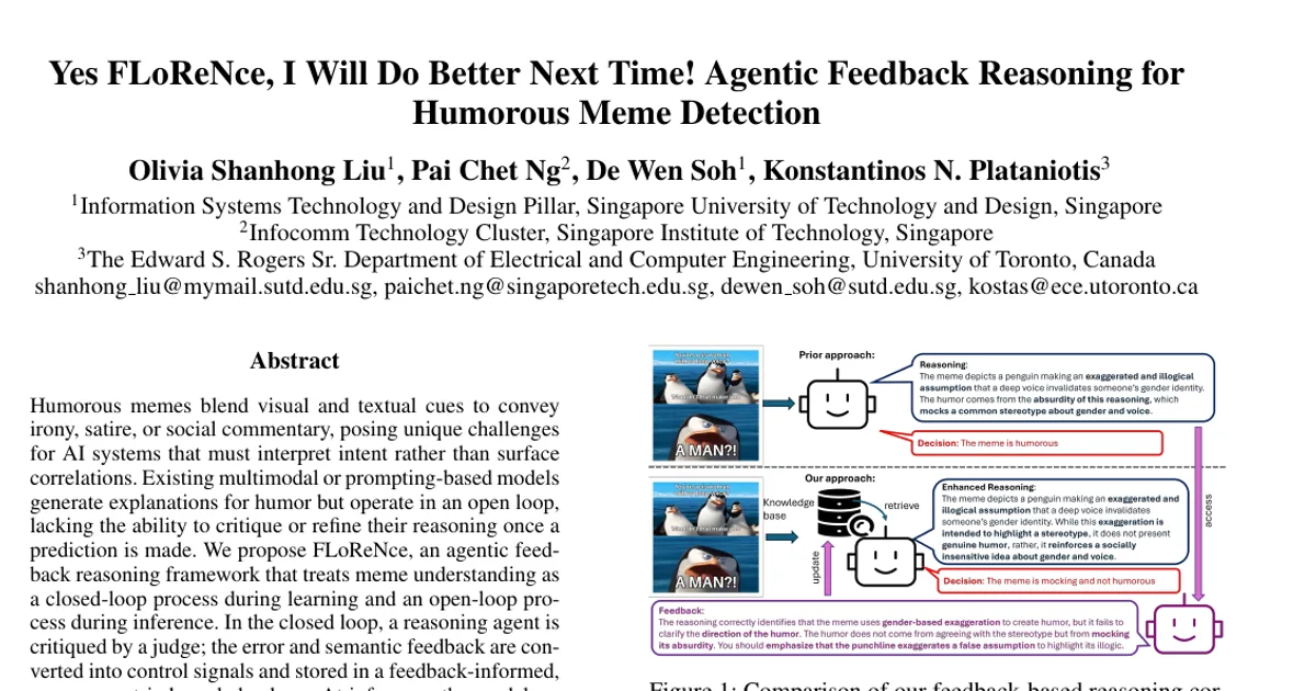 Yes FLoReNce, I Will Do Better Next Time! Agentic Feedback Reasoning for Humorous Meme Detection