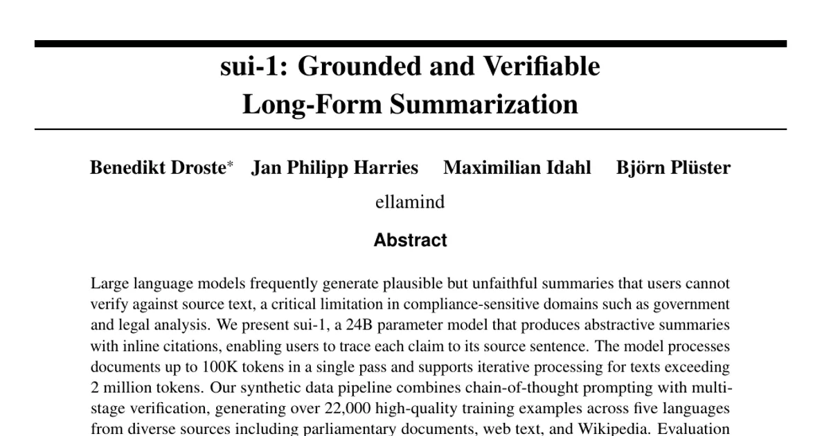 sui-1: Grounded and Verifiable Long-Form Summarization