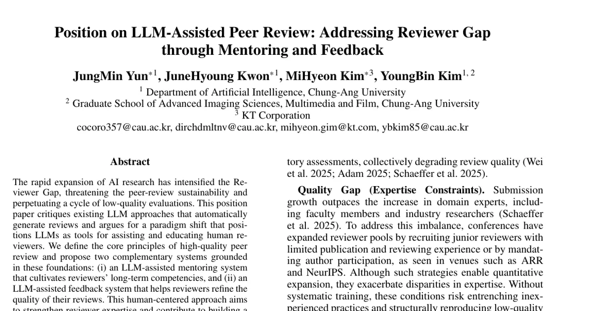 Position on LLM-Assisted Peer Review: Addressing Reviewer Gap through Mentoring and Feedback