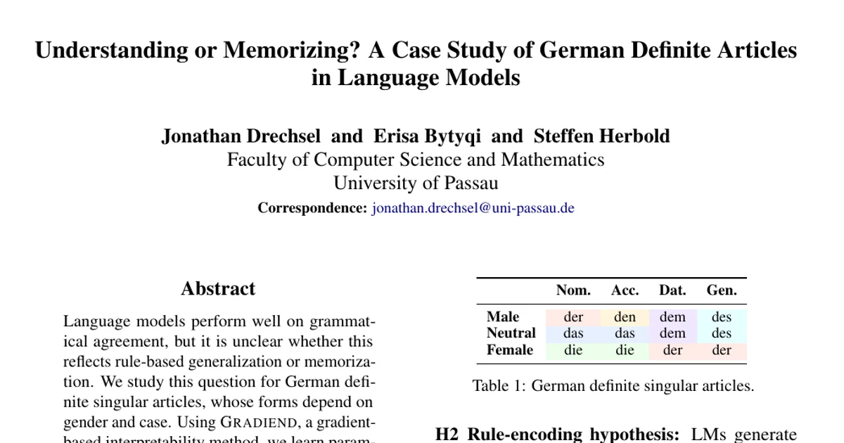 Understanding or Memorizing? A Case Study of German Definite Articles in Language Models