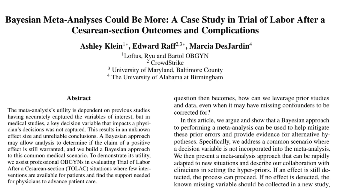 Bayesian Meta-Analyses Could Be More: A Case Study in Trial of Labor After a Cesarean-section Outcomes and Complications