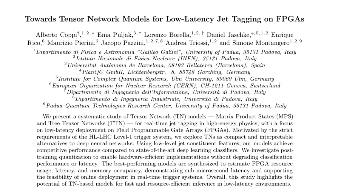 Towards Tensor Network Models for Low-Latency Jet Tagging on FPGAs