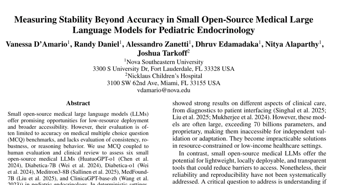 Measuring Stability Beyond Accuracy in Small Open-Source Medical Large Language Models for Pediatric Endocrinology